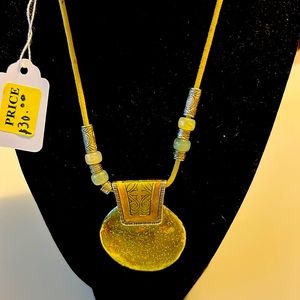 VCLM Leather Cord and Mixed Metal Enamel green Pendant Necklace